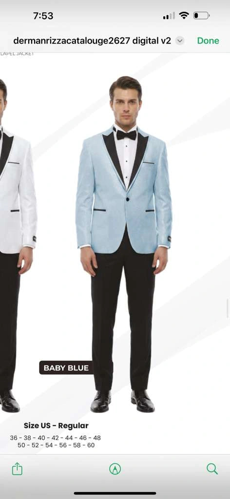 Men’s Baby Blue Tuxedo Blazer with Black Lapel – Formal Dinner Jacket for Wedding, Prom and Evening Events  in Sky Light Blue Color - 34 Short or Extra Small