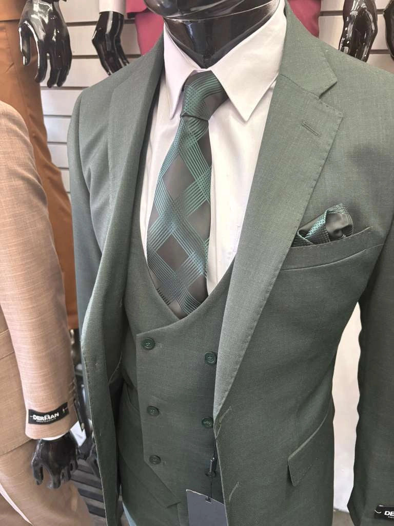 Men’s Forest Green Three Piece Suit – Double Breasted Vest Formal Wedding and Business Suit Set Olive Green Slim Fit - 34 Short or Extra Small