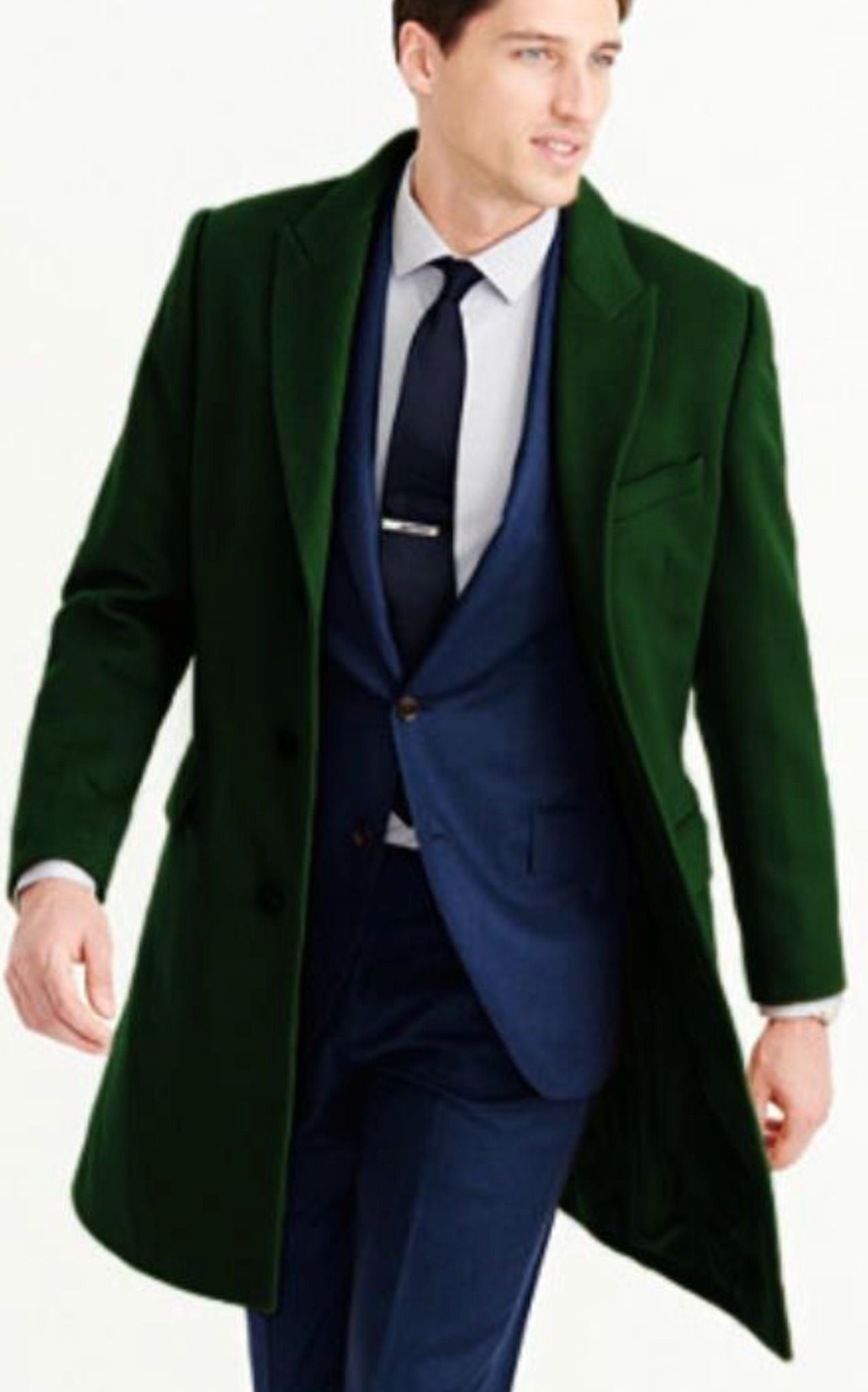 Mens Dark Green Wool Overcoat – Classic Long Coat for Formal and Casual Style - 46