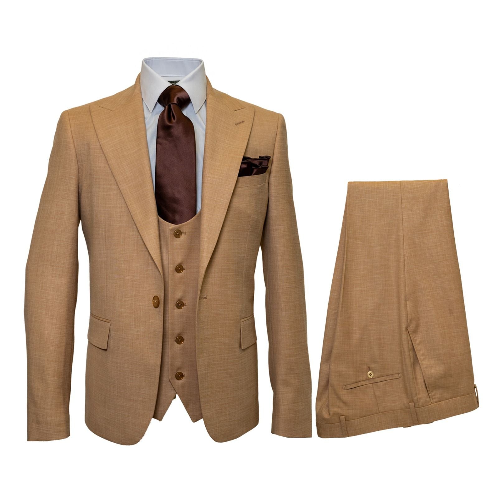 Men's Tan Three-Piece Suit with Vest – Classic Tailored Fit  in camel khaki Bronze color By Rossiman - 34 Short or Extra Small