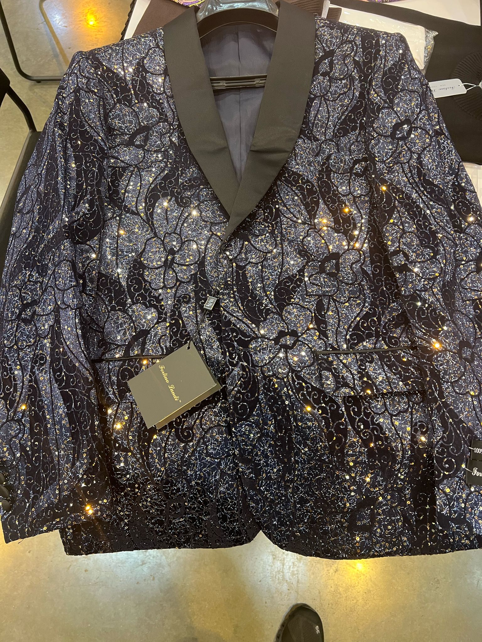 Mens Navy Black Glitter Floral Tuxedo Dinner Jacket with Satin Lapel- Blue Blazer Sequin Fabric - 34 Short or Extra Small