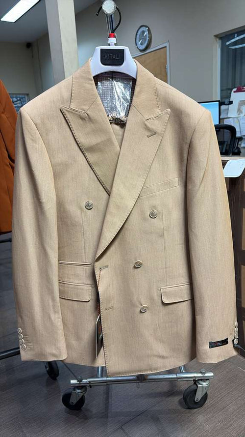 Vitali Brand Mens Beige Double Breasted Suit Classic Wedding, Prom & Party Wear Formal Outfit Khaki Camel Color