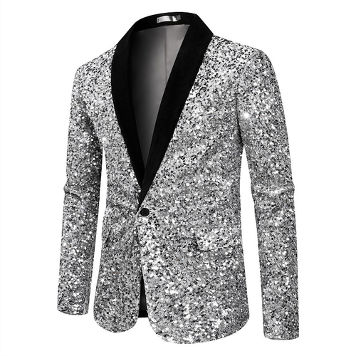 Men’s Silver Sequin Blazer Disco Style Jacket – Black Lapel Party Blazer, Shiny Evening Wear, 70s Dance Outfit, Formal Event Jacket