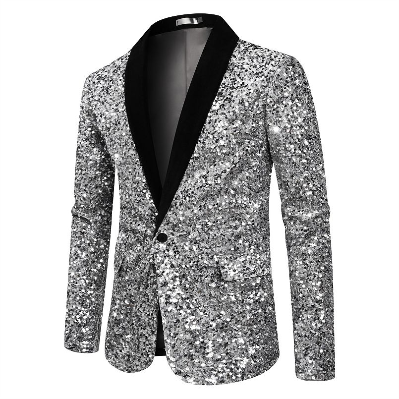 Men’s Silver Sequin Blazer Disco Style Jacket – Black Lapel Party Blazer, Shiny Evening Wear, 70s Dance Outfit, Formal Event Jacket