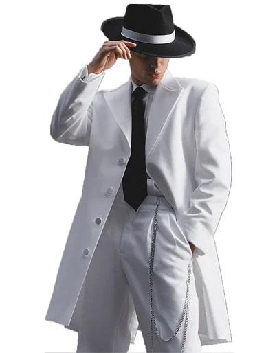 Men’s White Long Zoot Style Suit  | Vintage Gangster Mafia Formal Coat with Black Pants - 34 Short or Extra Small