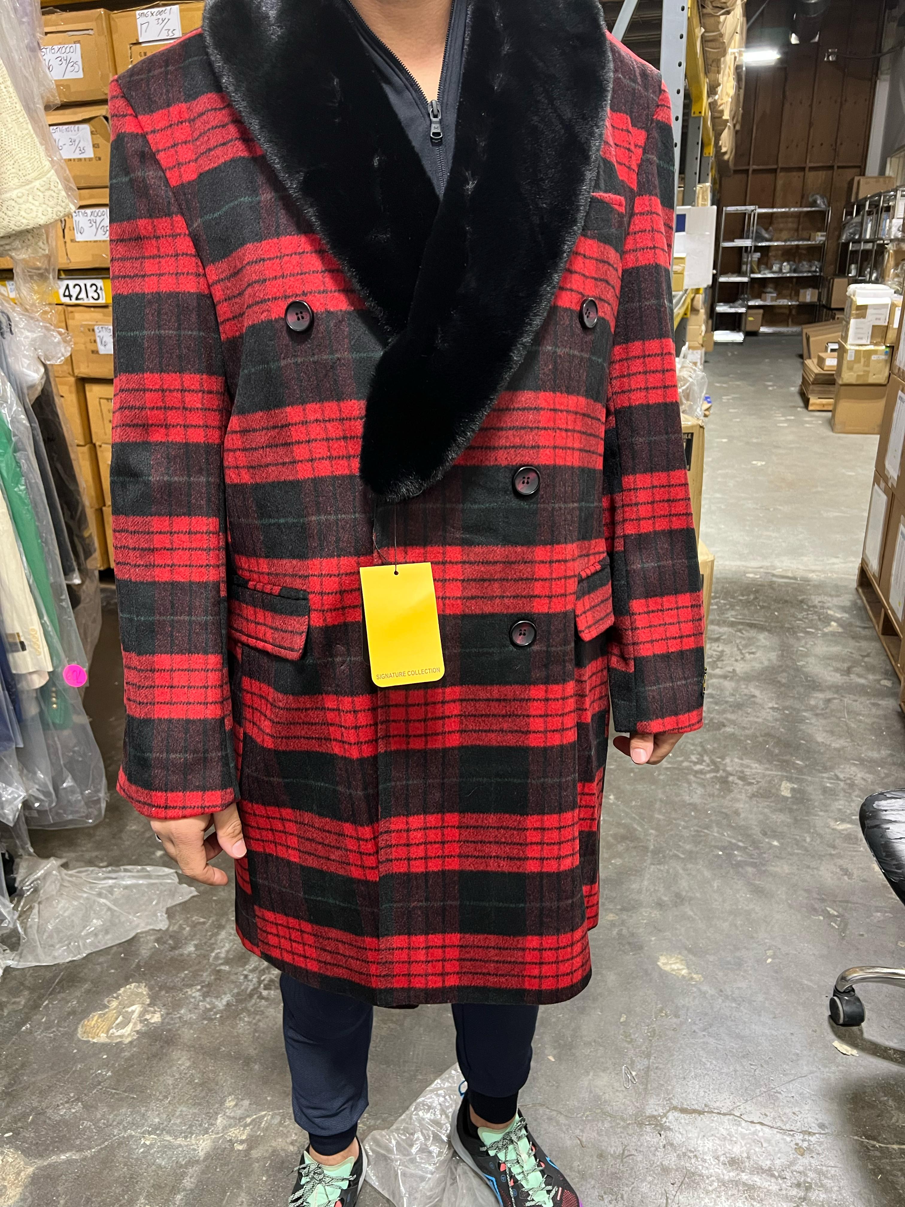 Mens Red and Black Plaid Wool Overcoat with Black Faux Fur Shawl Collar – Double-Breasted Winter Coat - Tartan Design - Coat Size 38