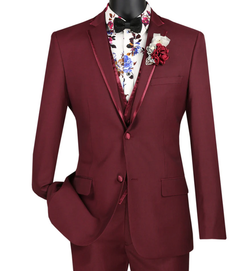 Men’s Burgundy Western Tuxedo Suit, 3 Piece Cowboy Formal Wedding Prom Suit with Satin Trim