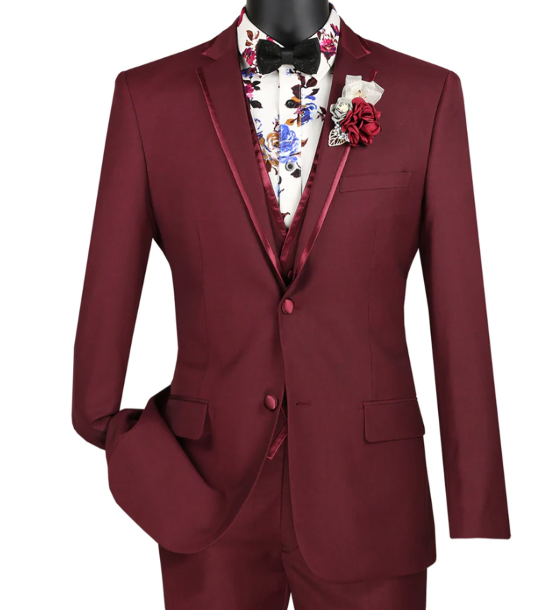 Men’s Burgundy Western Tuxedo Suit, 3 Piece Cowboy Formal Wedding Prom Suit with Satin Trim - 34 Short or Extra Small