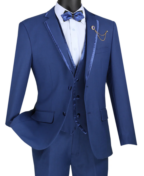 Men’s Blue Western Tuxedo Suit, 3 Piece Cowboy Formal Wedding Prom Suit with Satin Trim
