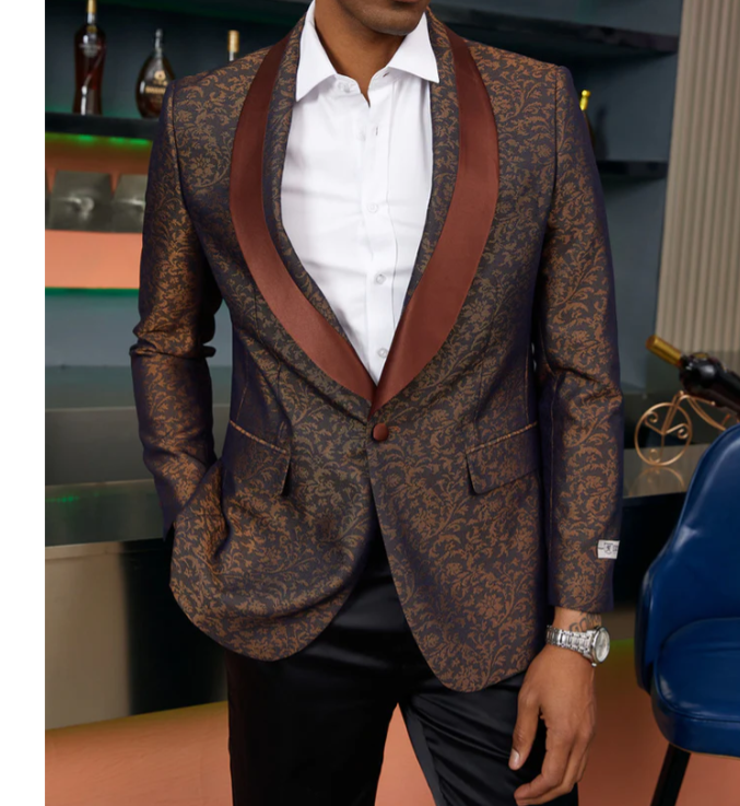 Men’s Light Brown Paisley Tuxedo Jacket, Wedding Prom Dinner Blazer with Satin Shawl Lapel - 36 Short