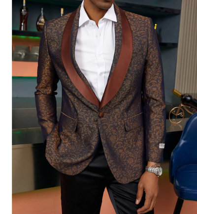 Men’s Light Brown Paisley Tuxedo Jacket, Wedding Prom Dinner Blazer with Satin Shawl Lapel