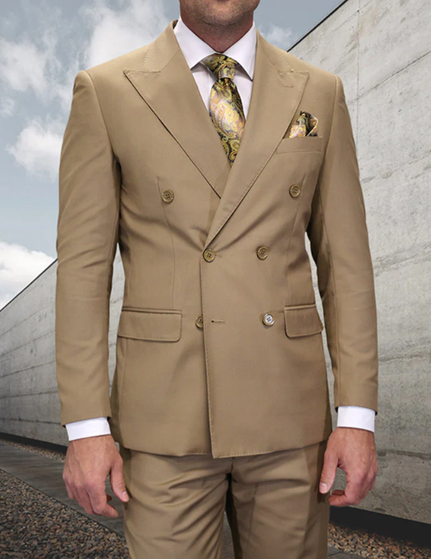 Men’s Statement Brand Caramel Khaki Double Breasted Wool Suit, Designer Formal Business Suit Set Wool Suit in Camel Color - 34 Short or Extra Small