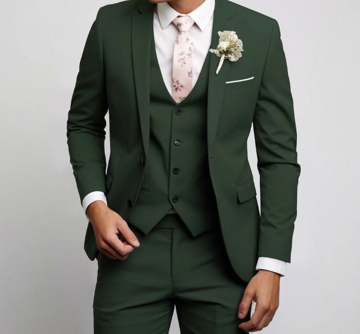 Men’s Forest Green 3 Piece Wedding Suit, Formal Groom Groomsmen Dress Suit Set - 34 Short or Extra Small