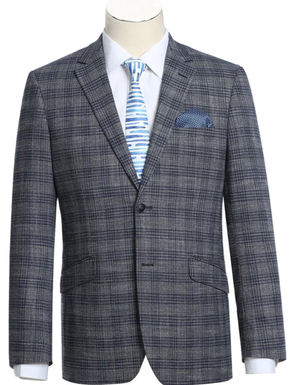 Mens Charcoal Gray with Blue Plaid Pattern Blazer Jacket – Classic Check Pattern Sport Coat for Business, Office, and Smart Casual Wear - 36 Short