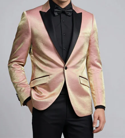 Men’s Rose Gold Tuxedo Jacket – Black Peak Lapel Wedding, Prom and Formal Dinner Blazer - 36 Short