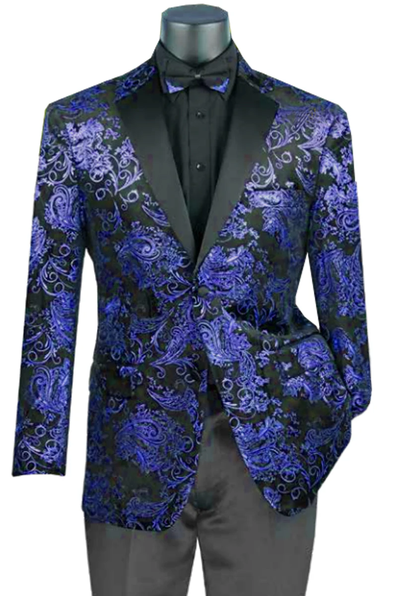 Mens Royal Blue Paisley Jacquard Blazer – Luxury Pattern Tuxedo Dinner Jacket with Black Satin Lapel for Wedding, Prom With Bowtie - 36 Short