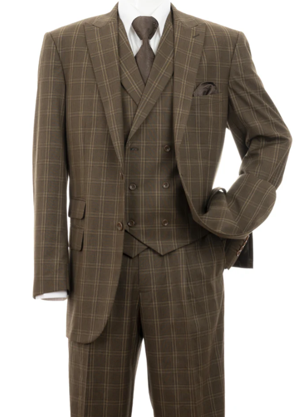 Men’s Edwardian Brown Plaid 3-Piece Suit – Vintage Double-Breasted Vest Wedding and Formal Suit - 34 Short or Extra Small