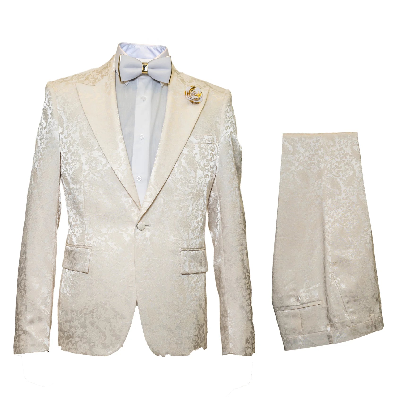 Men’s Champaign Ivory  Jacquard Paisley Tuxedo Suit with Satin Shawl Lapel – Elegant Wedding and Prom Outfit By Rossiman - S