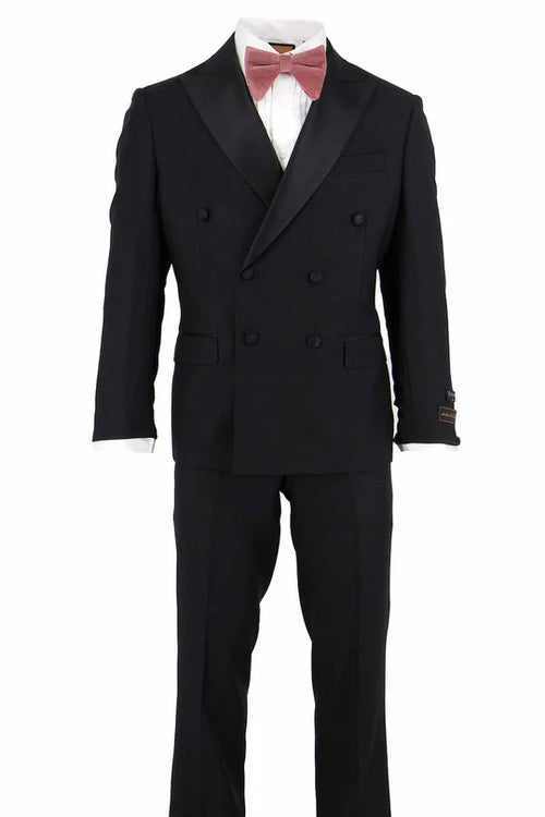 Tiglio Brand 100% Wool Super 150s Italian fabric Mens Classic Black Double-Breasted Tuxedo with Satin Peak Lapel Formal Wedding & Gala Suit Set