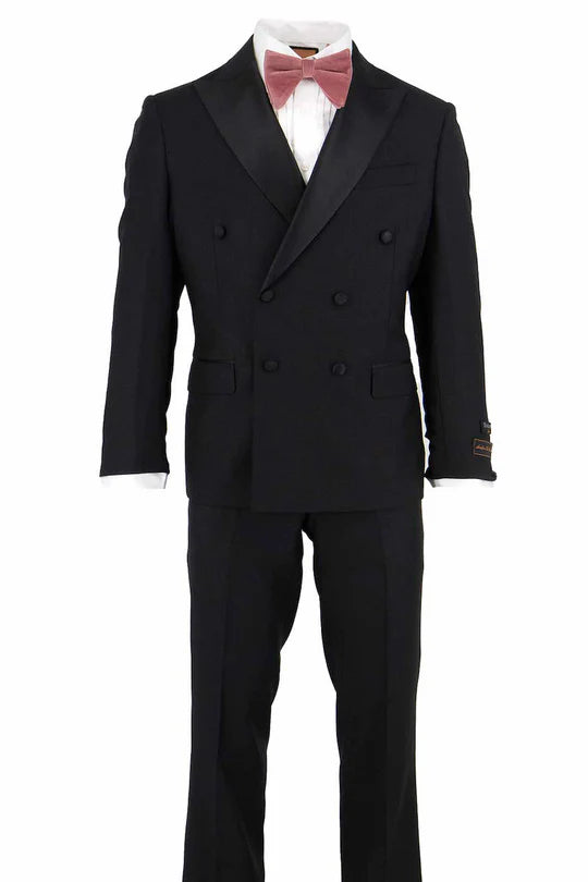 Tiglio Brand 100% Wool Super 150s Italian fabric Mens Classic Black Double-Breasted Tuxedo with Satin Peak Lapel Formal Wedding & Gala Suit Set