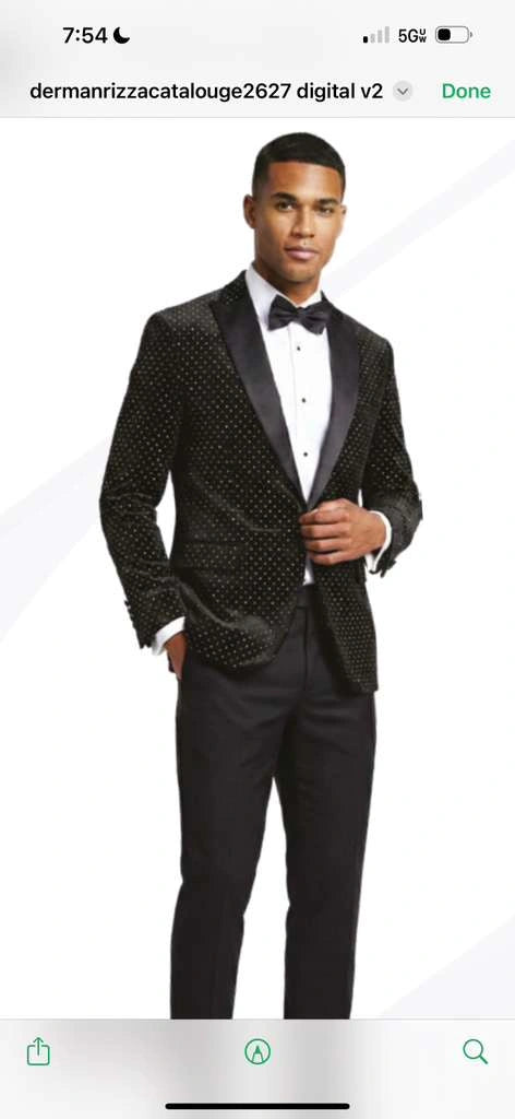 Men’s Black Velvet Dinner Jacket Blazer with Satin Lapel – Formal Evening Tuxedo Style Jacket Polk Dots Pattern + Free bowtie - 36 Short