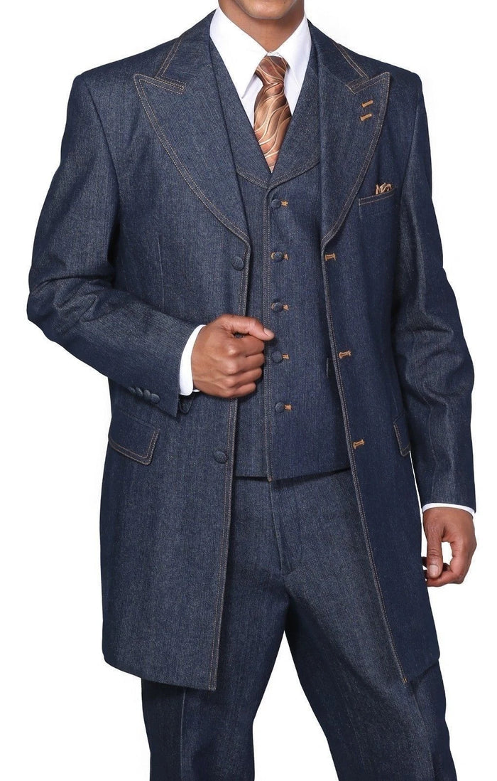Mens Cotton Denim Three-Piece Suit Modern Blazer Denim Suit with Vest and Trousers Pleated Pants Classic Fit