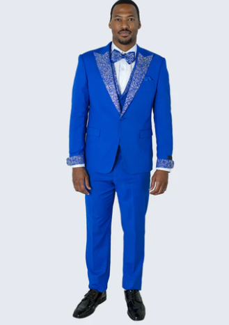Mens Bright Royal Blue and White lapel  Embellished Tuxedo Suit 3-Piece Formal Wedding, Prom, and Gala Outfit
