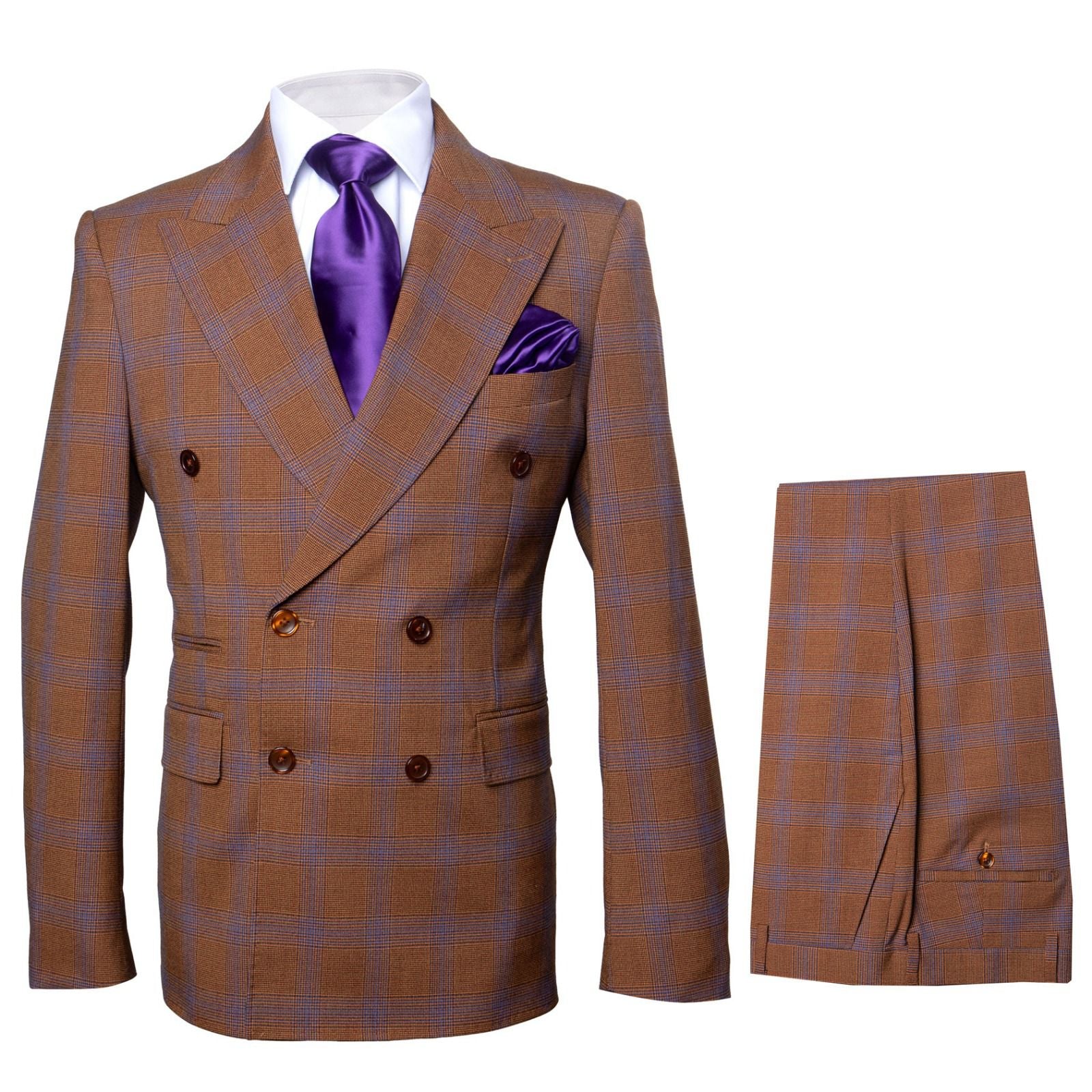 Mens Brown Plaid Double-Breasted Suit Premium 2-Piece Classic Checkered Windowpane Suit by Rossiman - 34 Short or Extra Small