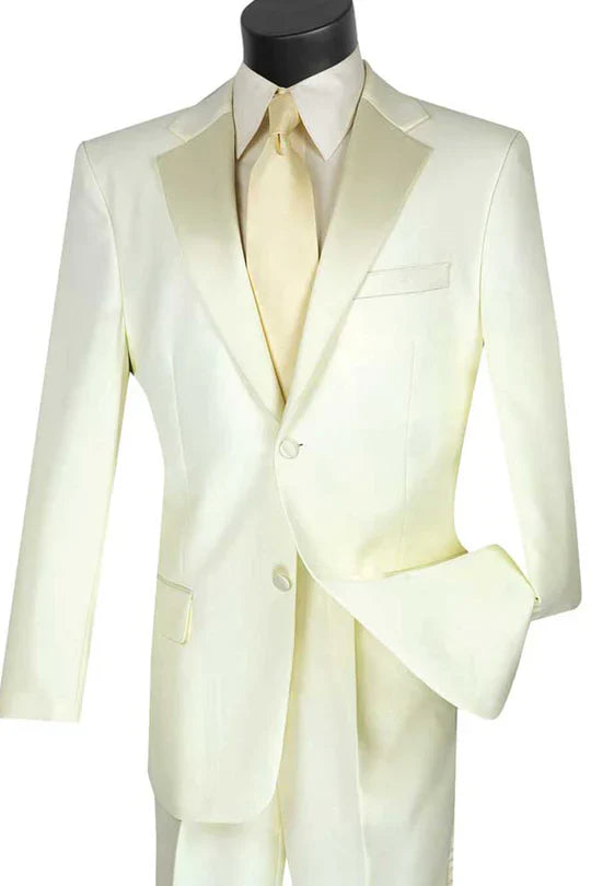 Mens Ivory Tuxedo Suit with Satin Notch Lapel Formal Wedding and Evening Wear Suit in Cream Off White Color