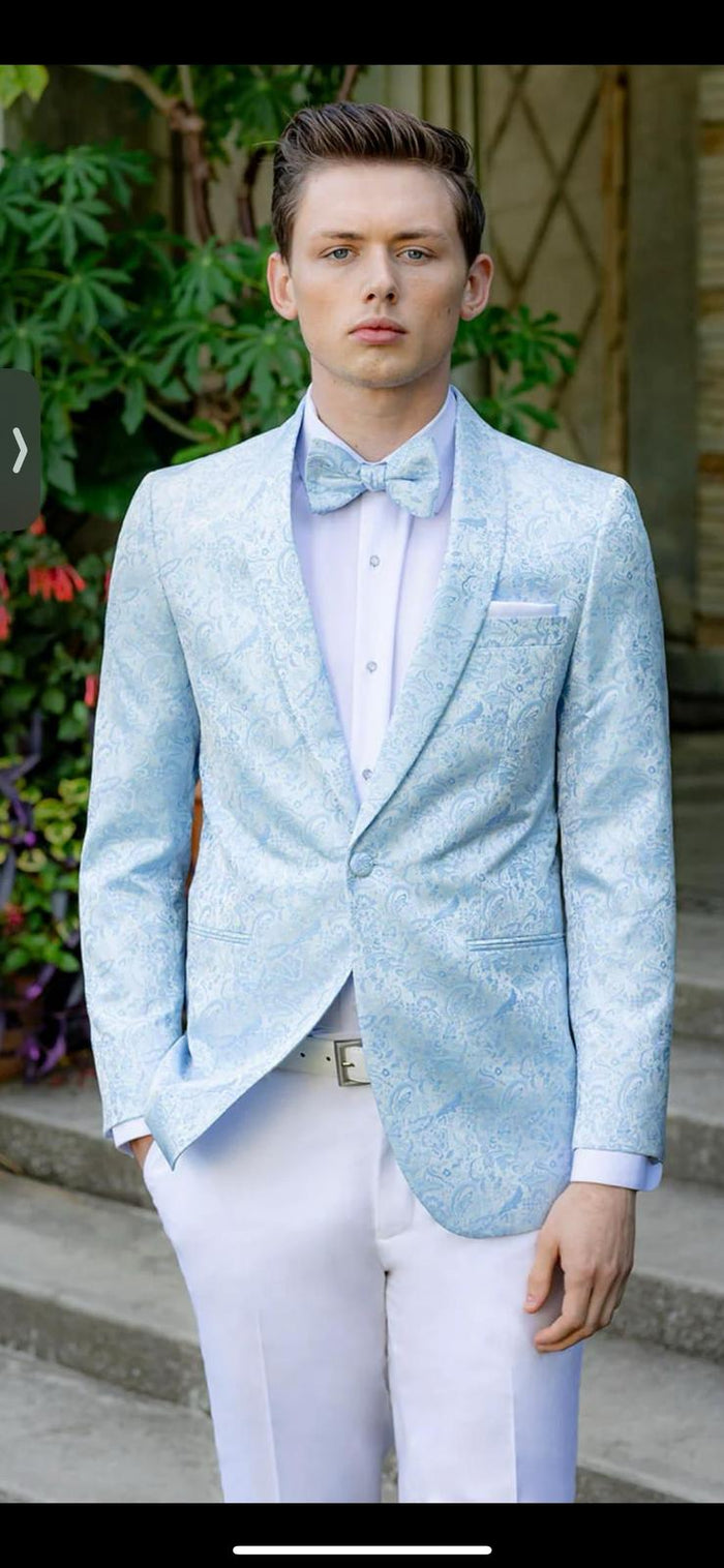 Mens Light Blue Paisley Tuxedo Jacket with Matching Bow Tie Slim Fit Blazer for Weddings, Prom, and Formal Events