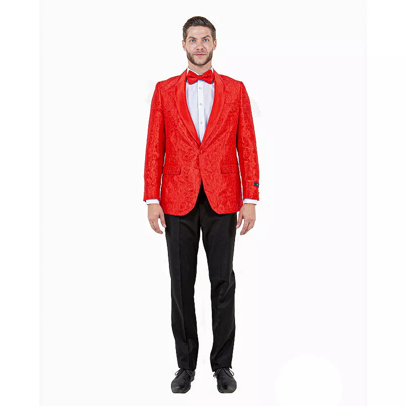 Big and Tall Mens Red Paisley Tuxedo Jacket – Satin Shawl Lapel Blazer with Bow Tie - Christmas Jacket