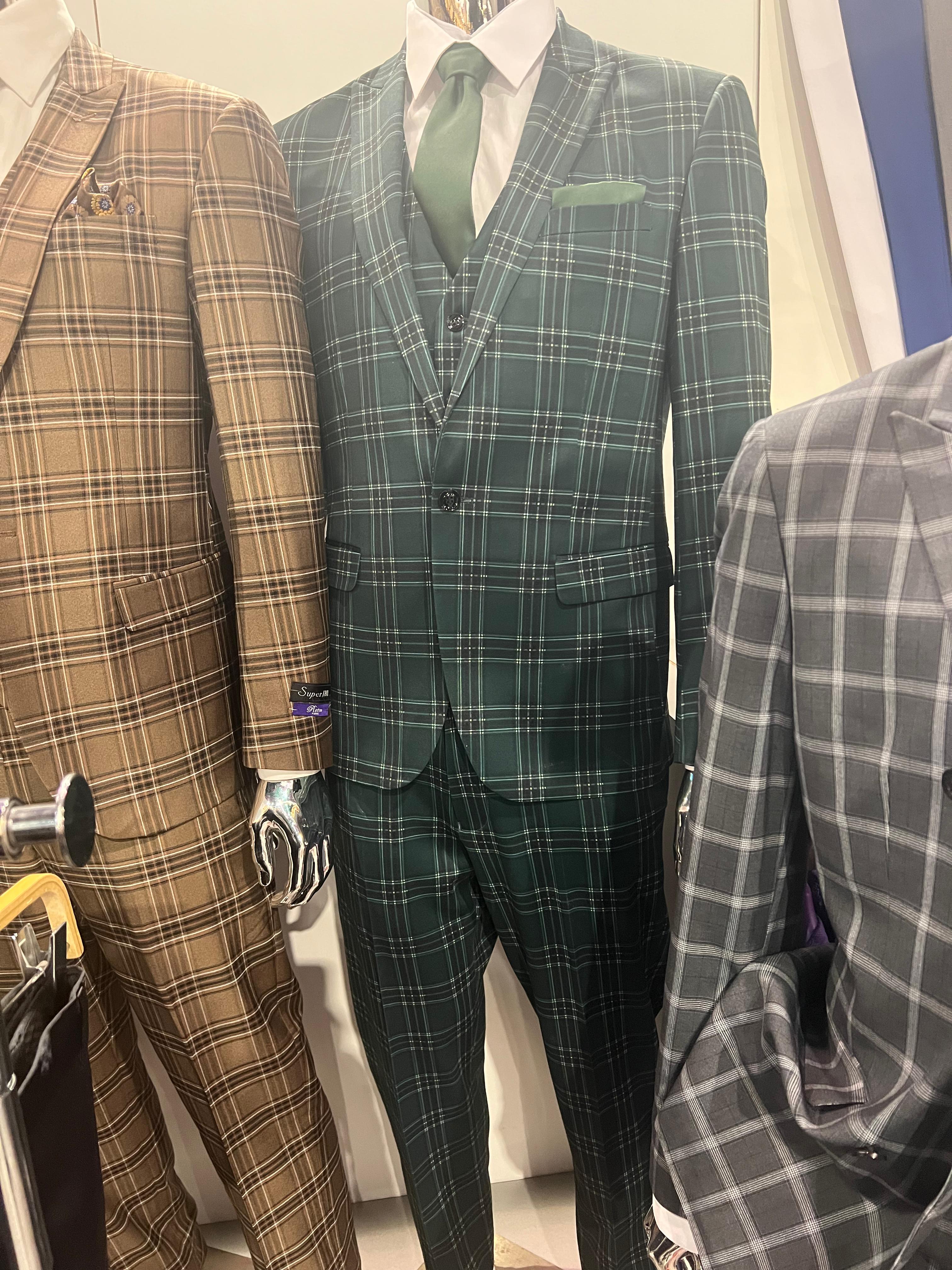 Men's Dark Green Plaid 3 Piece Suit Checkered Suit Set for Wedding, Windowpane Tartan Fabric - Ultra Slim Fit
