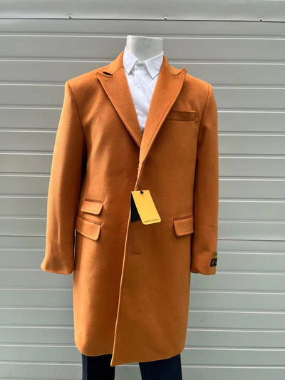Mens Orange - Rust Wool Blend Long Overcoat Topcoat Carcoat Topcoat