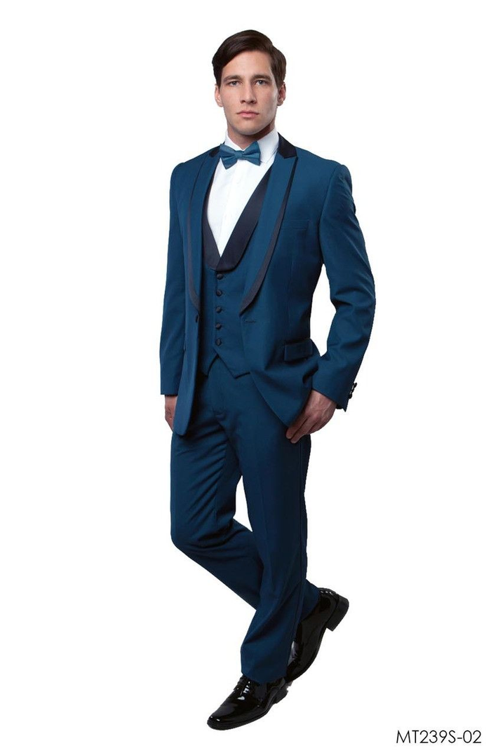 Mens Teal Blue Tuxedo 3-Piece Formal Suit with Satin Shawl Lapel, Vest, and Pants in Saphire Cobalt Blue Color