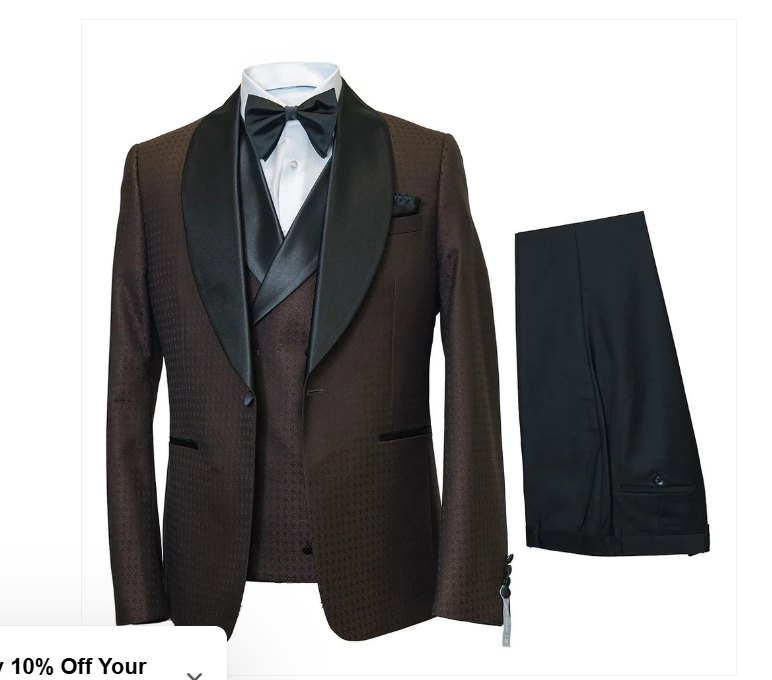 Men’s Chocolate Brown Tuxedo Suit – 3 Piece Shawl Lapel Wedding, Prom and Formal Dinner Tuxedo - 34 Short or Extra Small