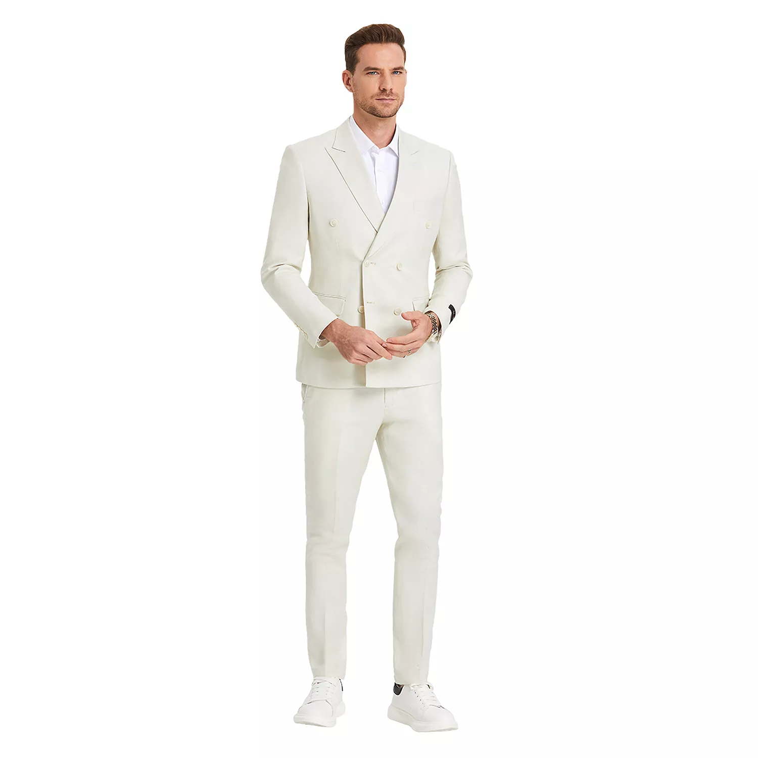 Men’s Ivory Cream Double-Breasted Linen Suit – Off-White Summer Wedding Slim Fitted 2-Piece Suit Cream Color - 34 Short or Extra Small