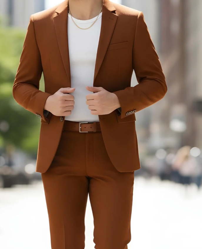 Men’s Burnt Orange Modern Fit Suit – Slim Fit Wedding, Prom and Formal 2-Piece Suit Copper Brick Color - 34 Short or Extra Small