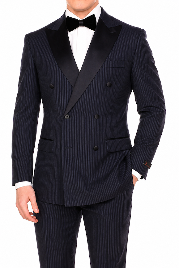 Men’s Navy Blue Double-Breasted Tuxedo – Tone-on-Tone Shadow Pinstripe Formal Wedding and Prom Suit - 34 Short or Extra Small