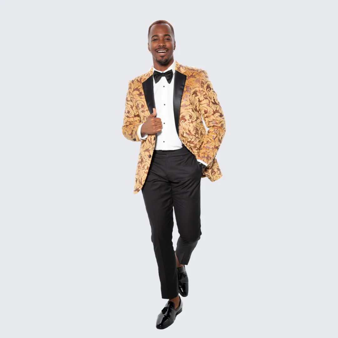 Men’s Yellow Gold Baroque Pattern Tuxedo Blazer Suit – Party and Wedding Jacket Prom Paisley Black Pants - 36 Short
