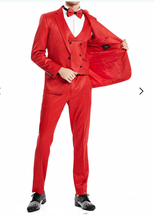 Tazio Men’s Cherry Red and Black  Polka-Dot 3-Piece Suit – Skinny Fit Prom, Wedding and Party Suit or Tuxedo - 34 Short or Extra Small
