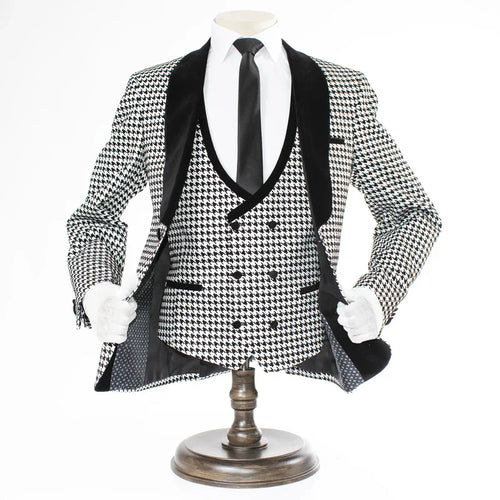 Mens Black and White Houndstooth Tuxedo Set with Velvet Shawl Lapel | 3-Piece Formal Suit with Double-Breasted Vest