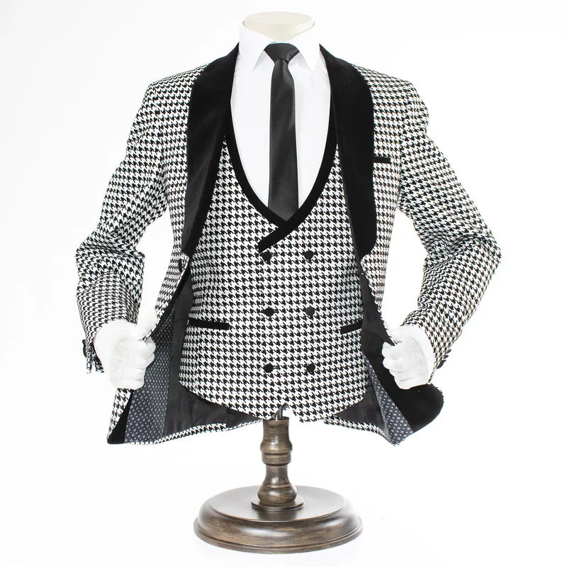 Men’s Black and White Houndstooth Tuxedo Set with Velvet Shawl Lapel | 3-Piece Formal Suit with Double-Breasted Vest - 34 Short or Extra Small