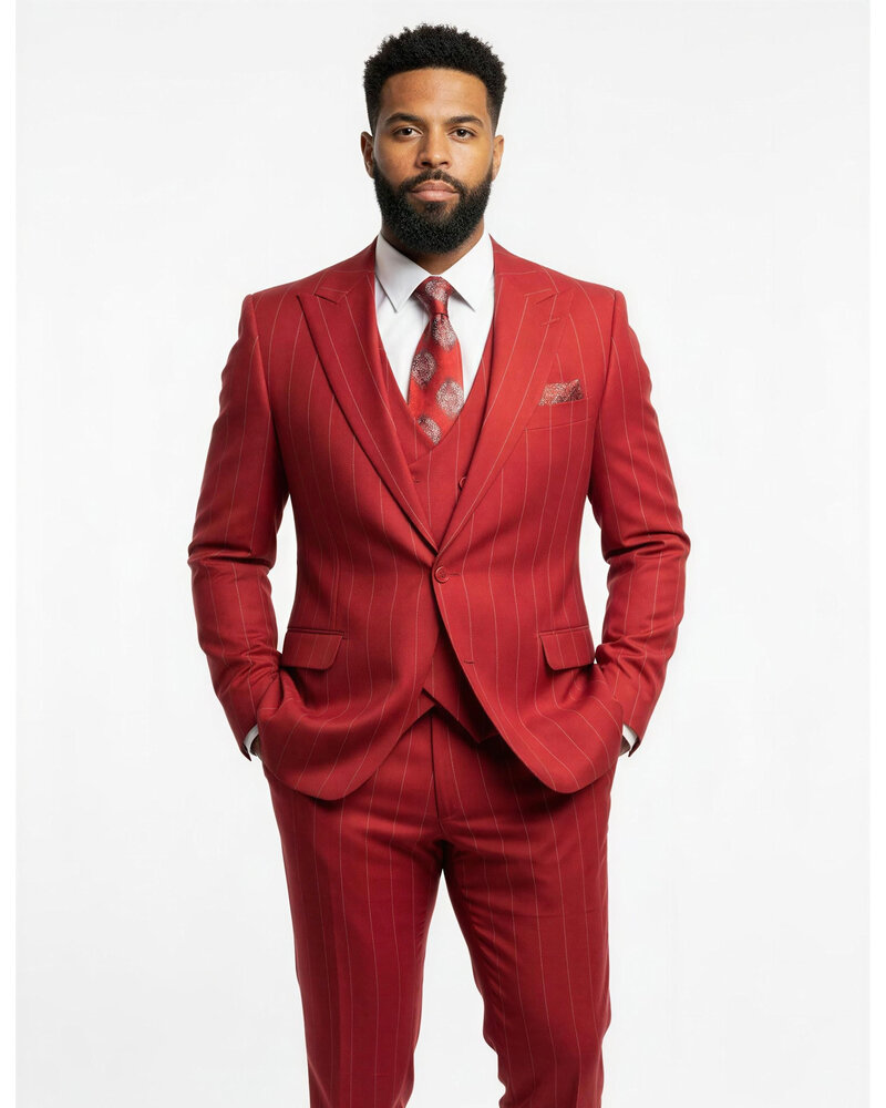 Men’s Red & White Pinstripe 3-Piece Suit by Mazari – Peak Lapel Classic Fit Gangster Suit with Pleated Pants - 34 Short or Extra Small