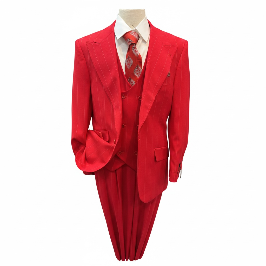 1920s Christmas Holiday Gangster Men’s Red Pinstripe 3-Piece Suit – Peak Lapel Classic Fit Pleated Pants - 34 Short or Extra Small