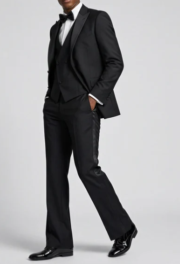 Men’s Black Boot Cut 3-Piece Tuxedo Suit – Peak Lapel Wedding, Prom and Formal Suit 1970s Style - 34 Short or Extra Small