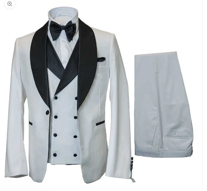 Men’s White and Black Western Wedding Tuxedo – Cowboy Style 3-Piece Traje para Boda with Double-Breasted Vest - 34 Short or Extra Small