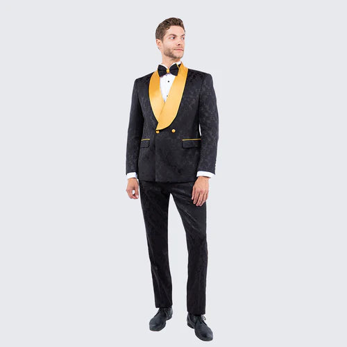 Mens Black and Gold Jacquard Tuxedo Suit Luxury Slim Fit Formal Wedding, Prom, and Gala Outfit