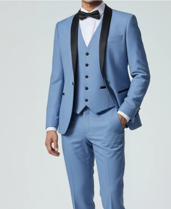 Men’s Powder Blue 3 Piece Tuxedo Suit – Light Blue Shawl Lapel Wedding Prom Suit with Vest - 34 Short or Extra Small