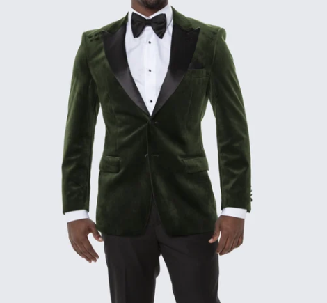 Men’s Olive Green Velvet Tuxedo Dinner Jacket – Black Satin Peak Lapel Formal Prom Wedding Blazer - 34 Short or Extra Small