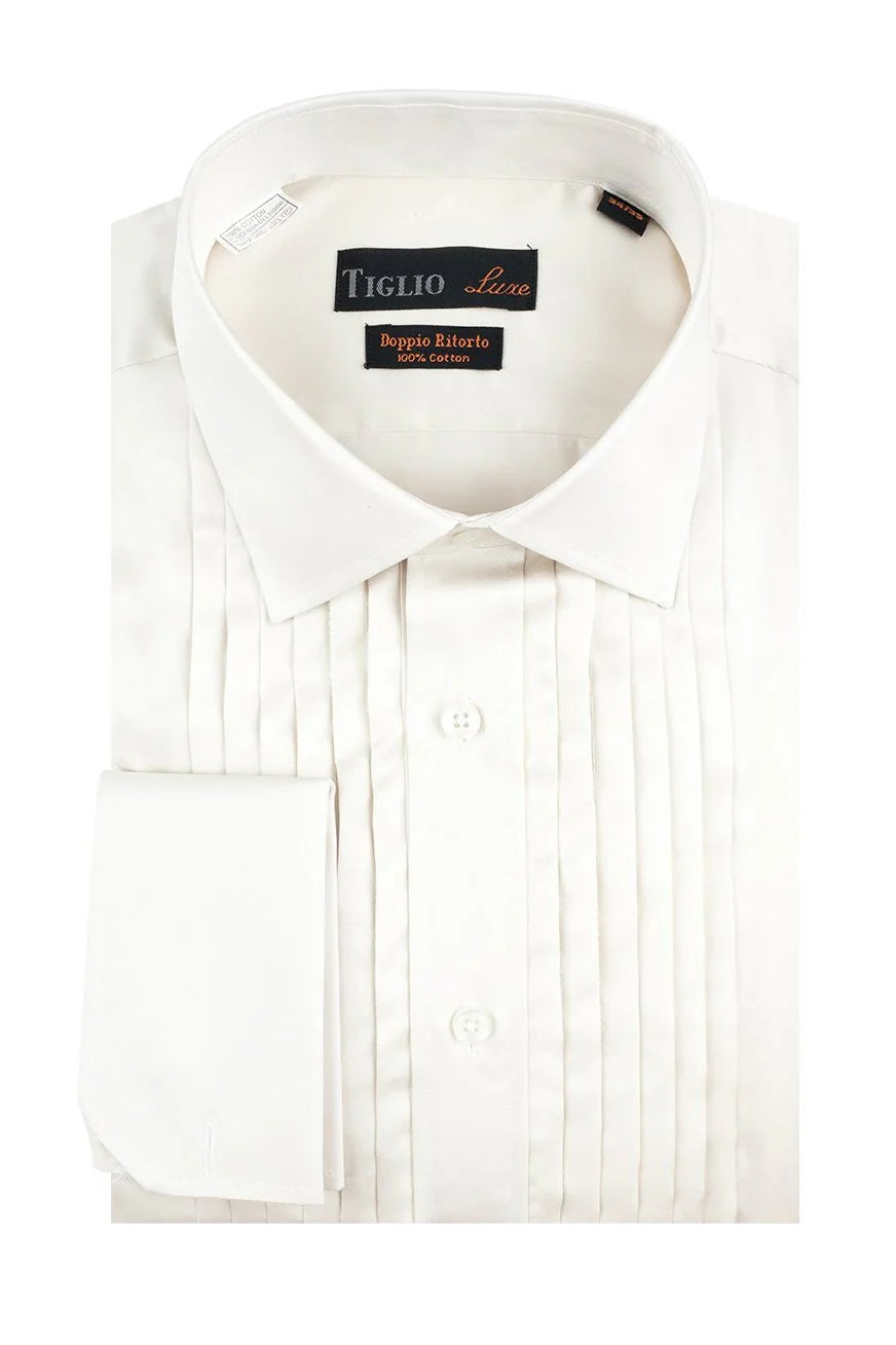 Men’s Ivory Cream Off White  Pleated Tuxedo Dress Shirt | French Cuff Formal Wedding Shirt - 15.5" Neck / 34–35" Sleeve